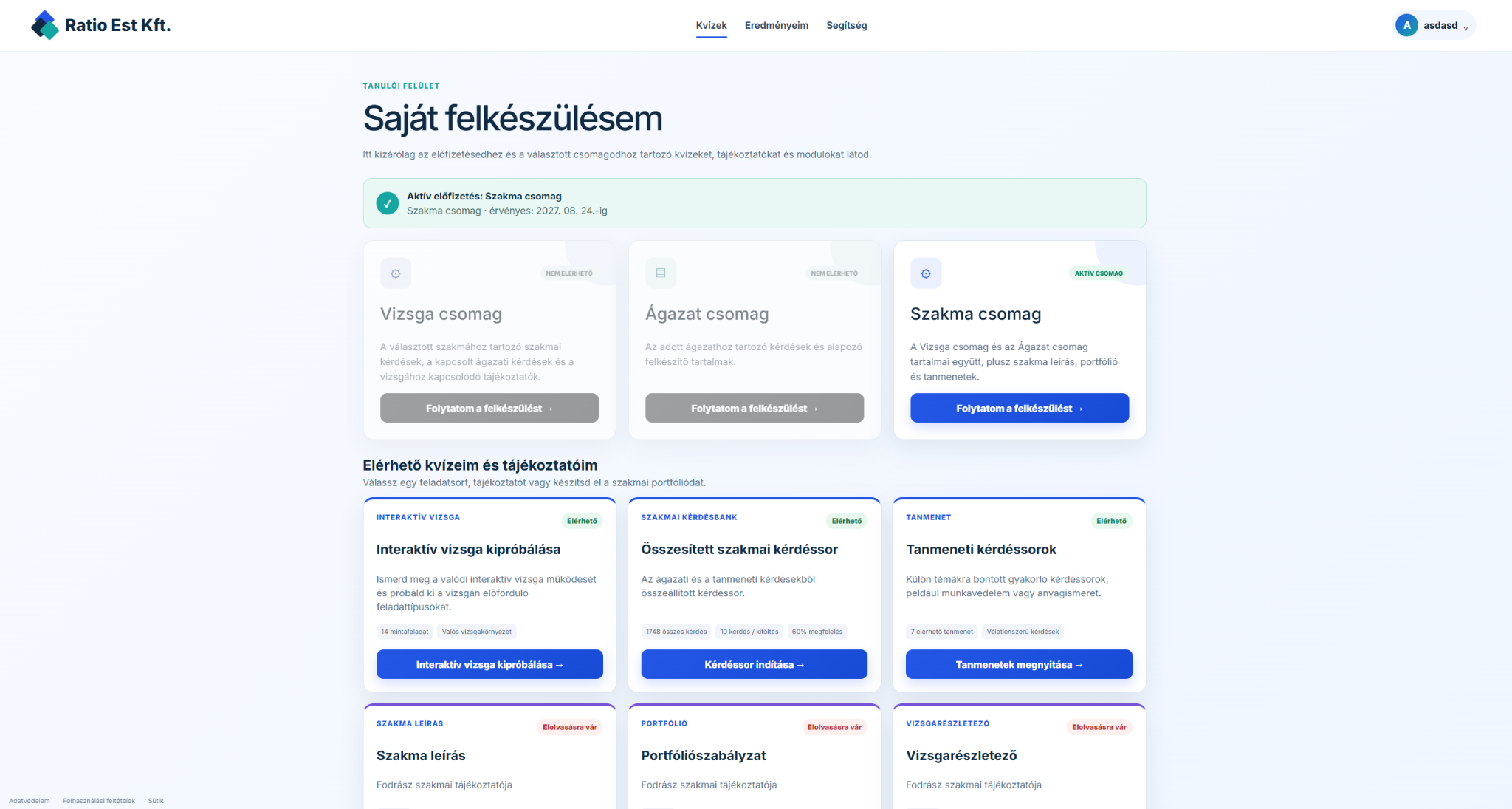 Bejelentkezett tanuló aktuális Saját felkészülésem kezdőképernyője