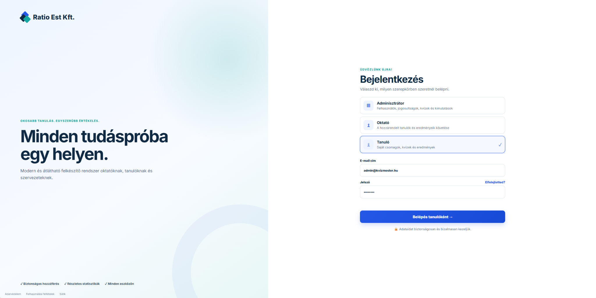 A Ratio Est biztonságos szerepkör-alapú bejelentkezési képernyője